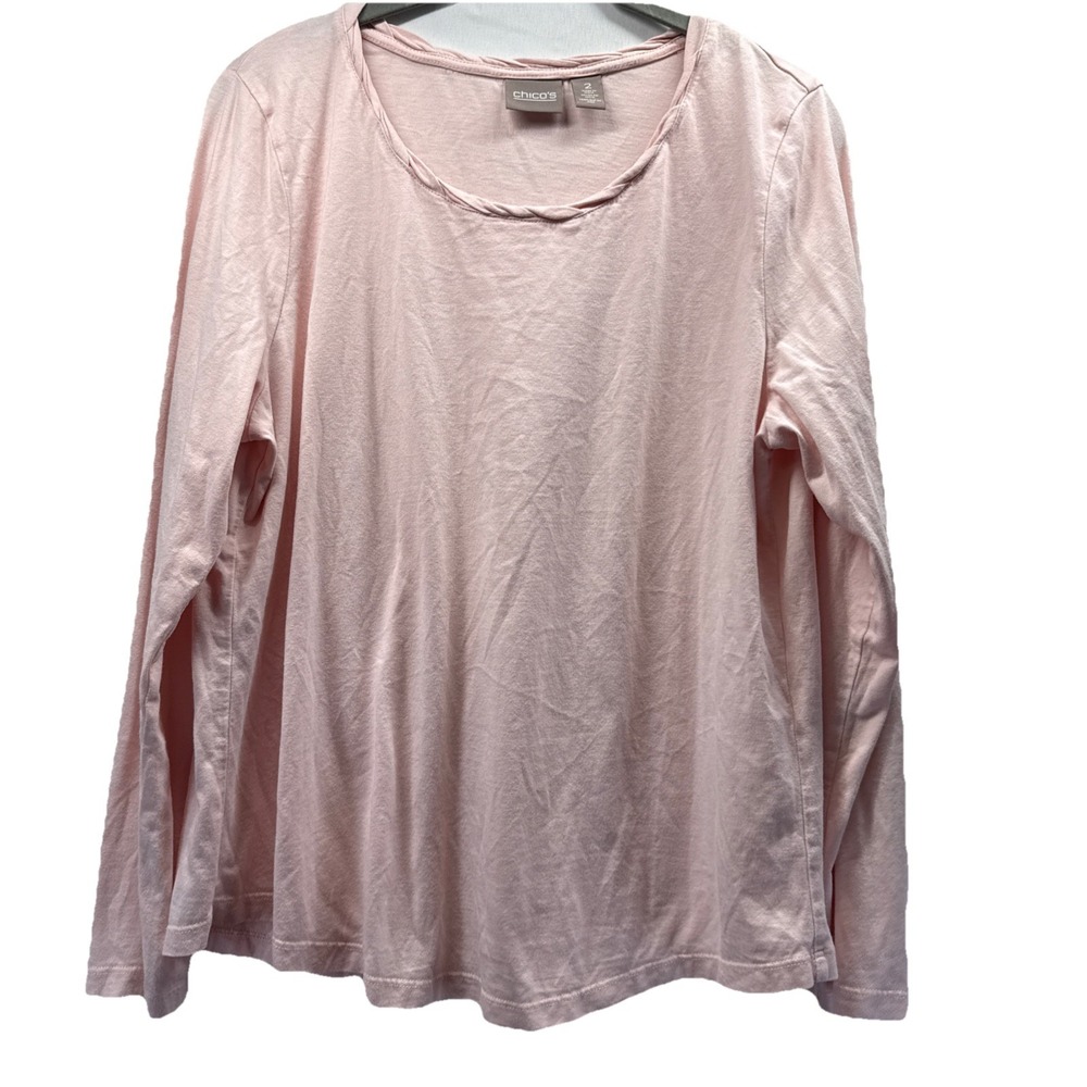 Chicos Womens Top Size Large Solid Pale Pink Long Sleeve Twist Neckline Pullover